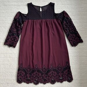Burgundy and Black Lace Cold Shoulder Mini Tent Swing Trapeze Dress Flowy Boho